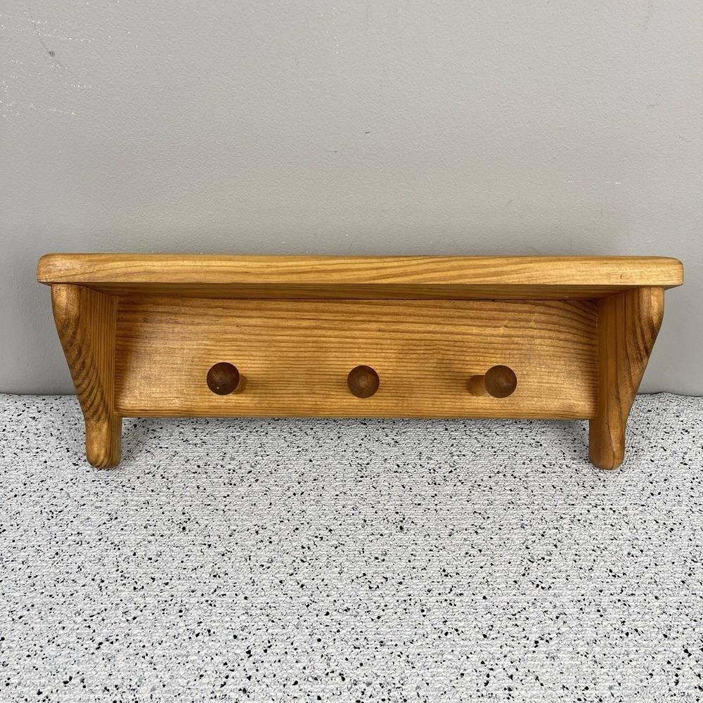 Vintage Wooden 3 Hook Shelf Wall Hanging Country Kitchen Cottagecore
